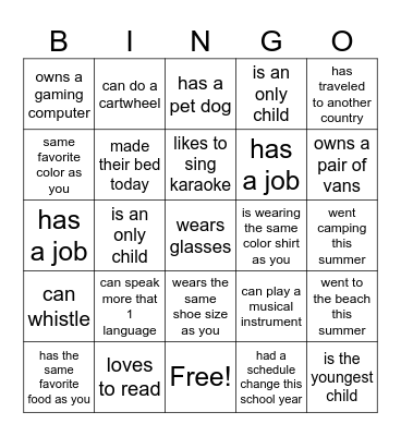 Back To School Human Bingo Card