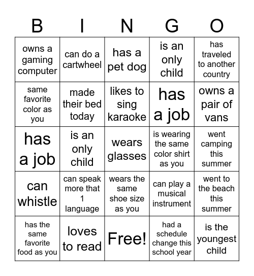 Back To School Human Bingo Card
