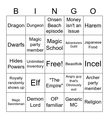 Isekai Bingo Card
