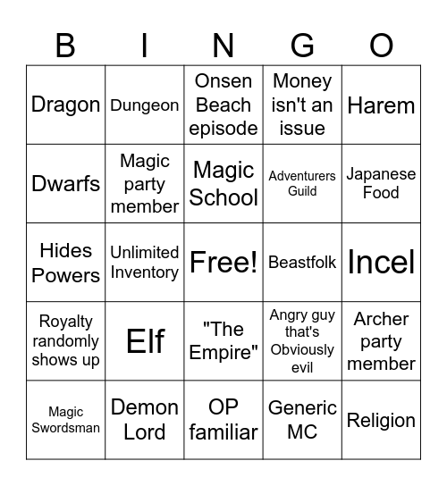 Isekai Bingo Card