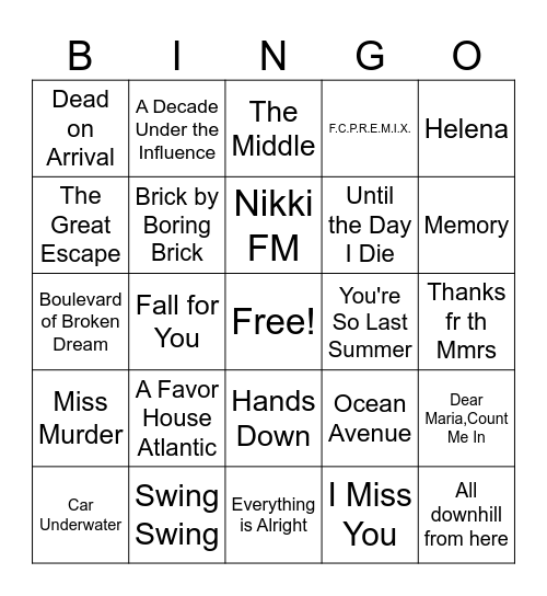 Emo Night Song Title Bingo Card