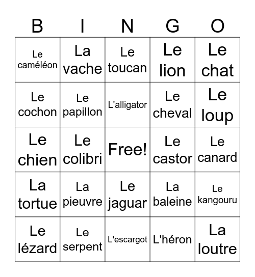Les Animaux Bingo Card