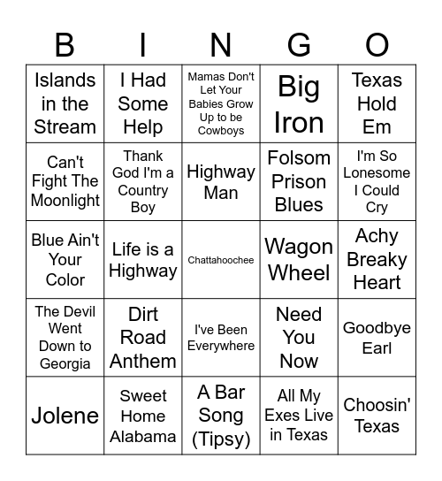 Country Hits Bingo Card