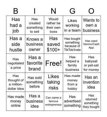 ENTREPRENEURSHIP BINGO Card