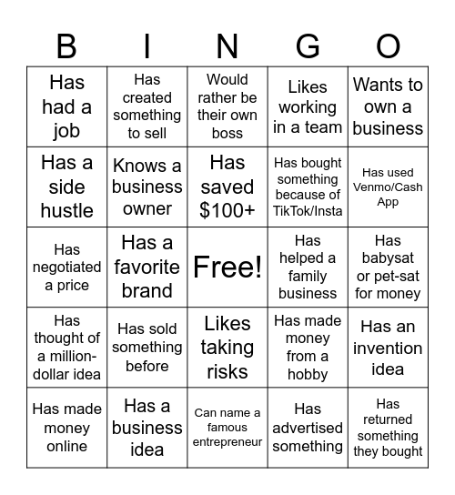ENTREPRENEURSHIP BINGO Card