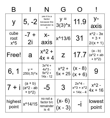 Algebra 2 Bingo Card