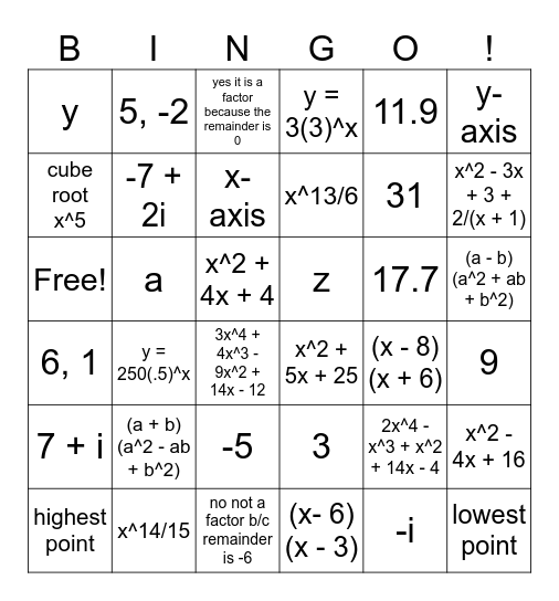 Algebra 2 Bingo Card