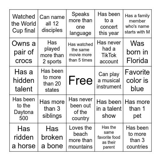 Parent Night Bingo Card