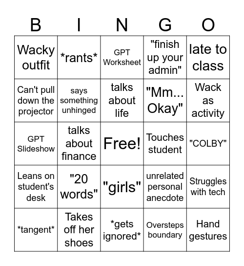 Mrs Nobel Bingo Card