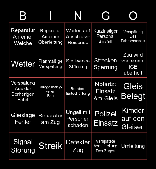 DB Verspätungs Bingo Card
