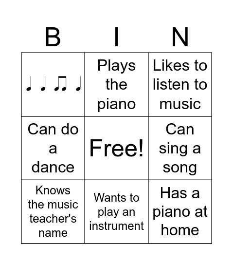 Music Class Bingo Card
