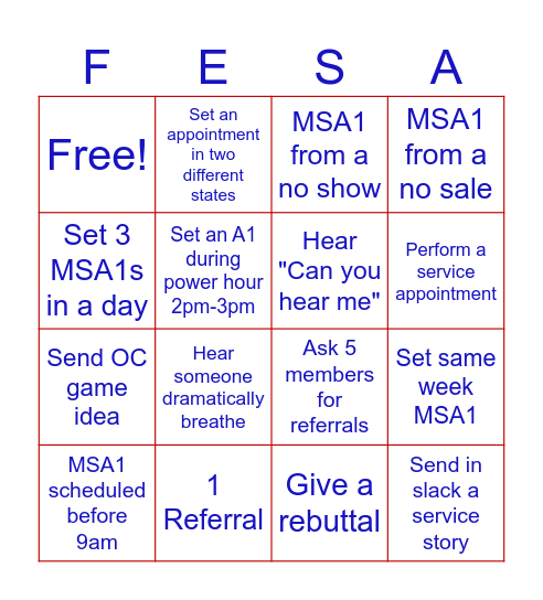 FESA Bingo Card