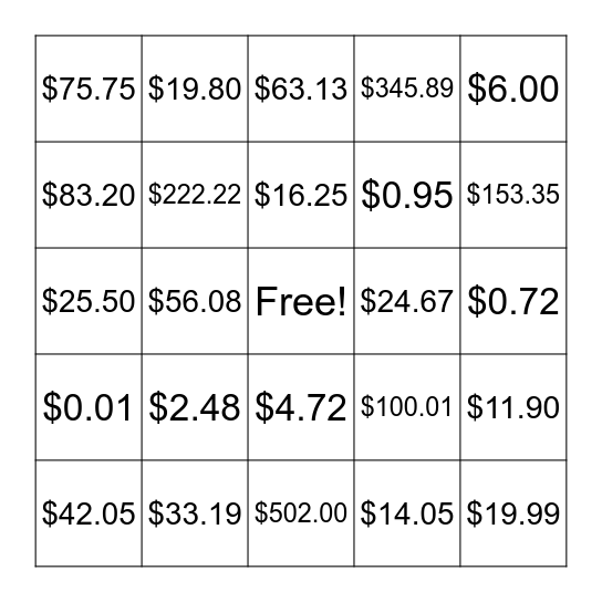 Money Bingo Card