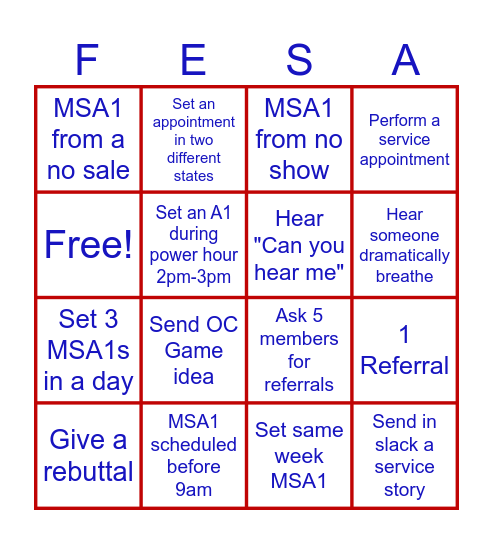 FESA Bingo Card