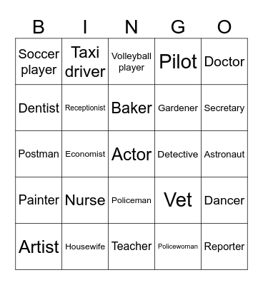 Professions Bingo Card