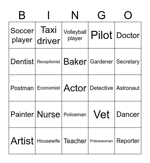 Professions Bingo Card