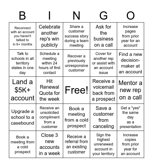 Sales Rep BINGO Card