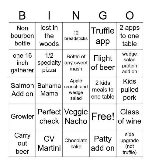Big Woods Bingo Card