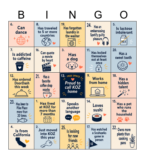 KOZ Uptown Summer Social Bingo Card
