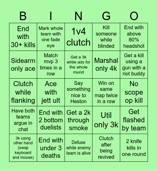 Extreme Valorant Bingo Card