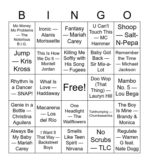 Nostalgic 90's (Top 100) Bingo Card