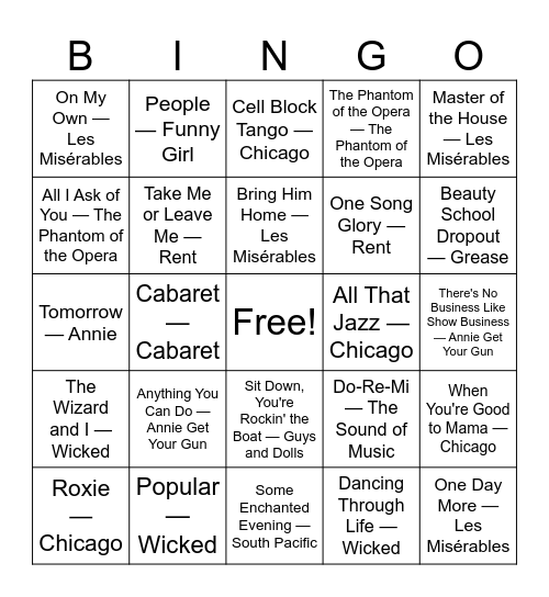 Musicals: Classics Through 2015 Bingo Card