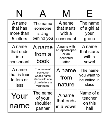 Introduction Bingo Card