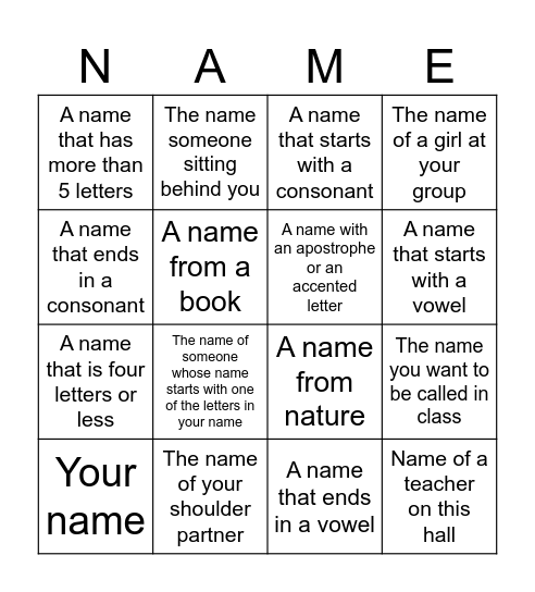 Introduction Bingo Card