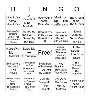 TV Intro Songs Bingo Card