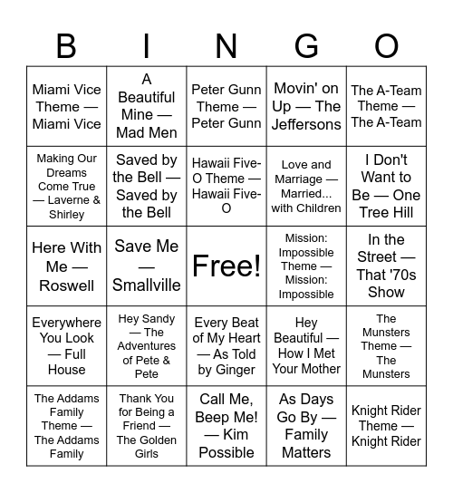 TV Intro Songs Bingo Card