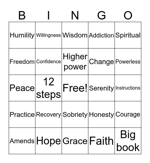 Recovery bingo Card