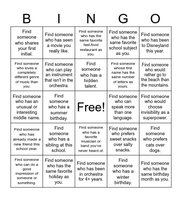 Orchestra Bingo Card