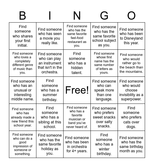 Orchestra Bingo Card