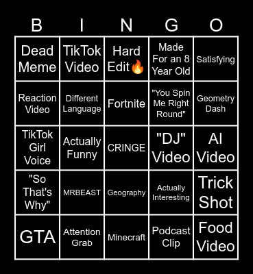 YouTube Shorts Bingo Card