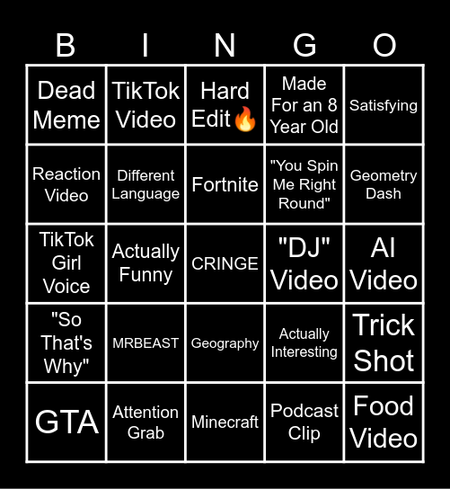 YouTube Shorts Bingo Card