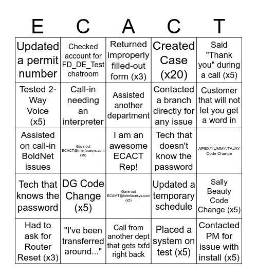 ECACT Bingo Card