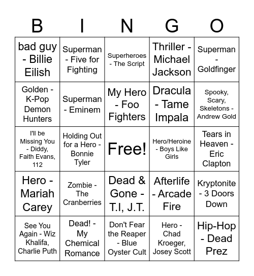 Heroes & Dead Bingo Card