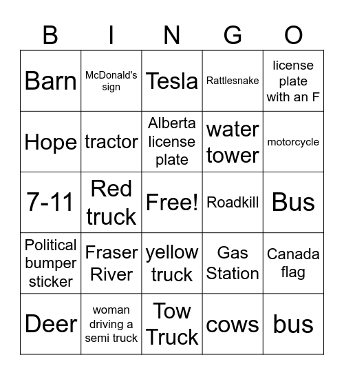 Road Trip Bingo Card