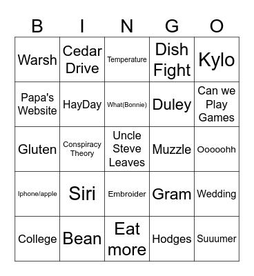 Repeated Word Bingo Card
