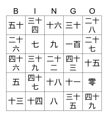 Chinese Number Bingo Card