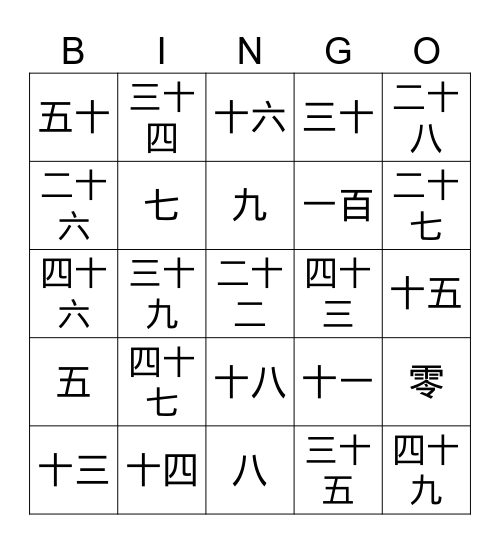 Chinese Number Bingo Card