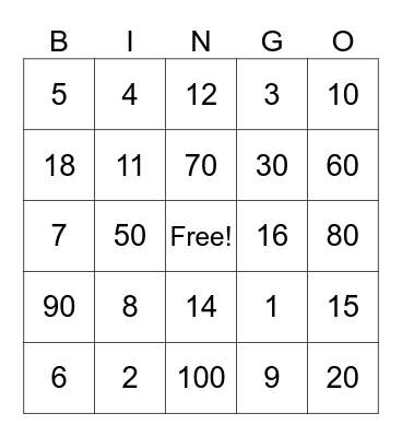 Number Bingo Card