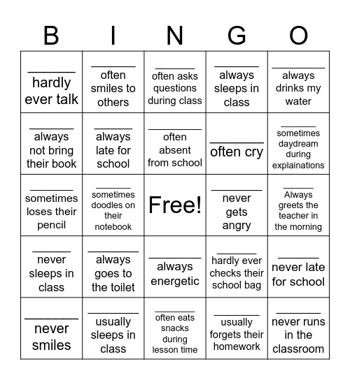 Adverbs of Frequency Bingo Card