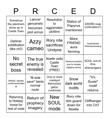 Deltarune Chapter 6 Predictions Bingo Card