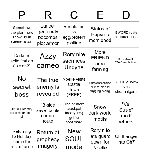 Deltarune Chapter 6 Predictions Bingo Card