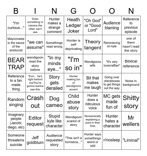 Creepcast Bingo Card