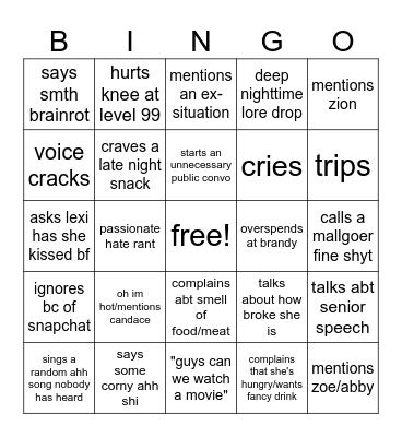 chloe Bingo Card