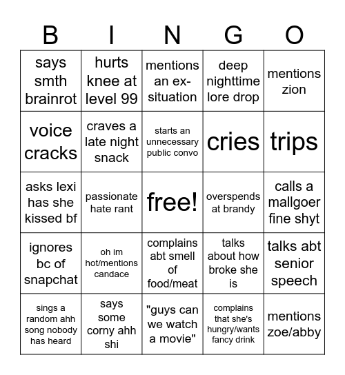 chloe Bingo Card