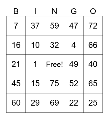 Bingo Alexandra Bingo Card