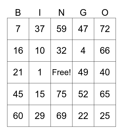 Bingo Alexandra Bingo Card